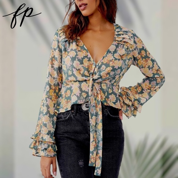 FREE PEOPLE Maybel Tie-Front Ruffled Blouse (Green/Pink) - Picture 6 of 14